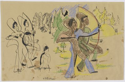 Jousimiehet, noin 1935 (lyijykynä ja liitu ruskealle paperille). tekijältä Ernst Ludwig Kirchner