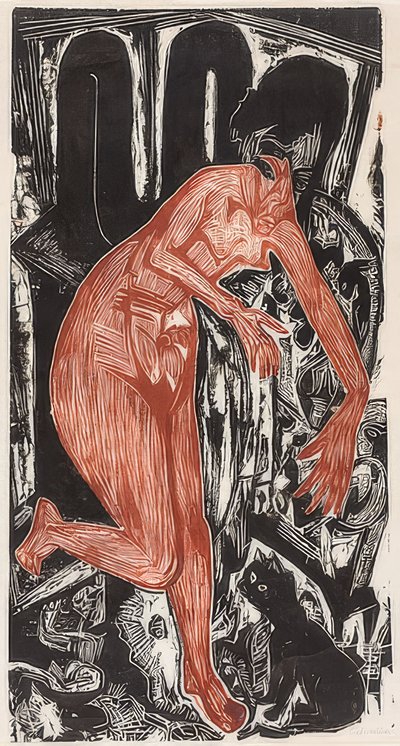 Nainen kylpemässä liedellä. 1919 tekijältä Ernst Ludwig Kirchner