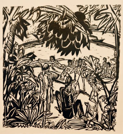 Uiminen kohtaus puiden oksien alla tekijältä Ernst Ludwig Kirchner