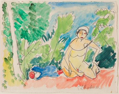 Kylpijöitä järven rannalla , noin 1907 (vesiväri ja lyijykynä paperille). tekijältä Ernst Ludwig Kirchner