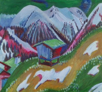 Vuoristomaisema alppimajalla. Noin 1922 tekijältä Ernst Ludwig Kirchner