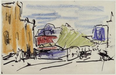 Jokimaisema, taloja ja kävelysilta tekijältä Ernst Ludwig Kirchner