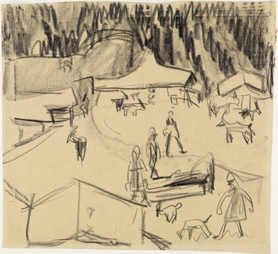 Vuoristokylä (Staffelalp), jossa on paimenia ja vuohia tekijältä Ernst Ludwig Kirchner