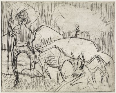 Paimen ja vuohia/Vuorenrinne, ihmisiä ja vuohia tekijältä Ernst Ludwig Kirchner