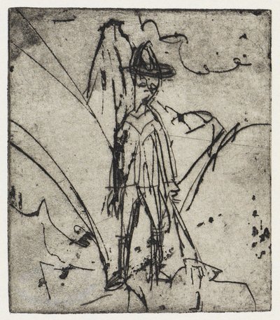Paimen vuoren edustalla/talo ja vuohia - Stafelalp tekijältä Ernst Ludwig Kirchner