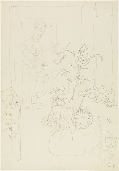 Sisäkuva, jossa on kukkamaljakko, nainen ja kissa tekijältä Ernst Ludwig Kirchner