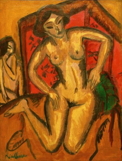 Polvistuva alaston tyttö punaisen näytön edessä tekijältä Ernst Ludwig Kirchner