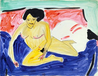 Alaston istuva sohvalla (Istuva alasti Divanilla). Ernst Ludwig Kirchnerin (1880-1938) työ, akvarelli ja tussi paperille tekijältä Ernst Ludwig Kirchner