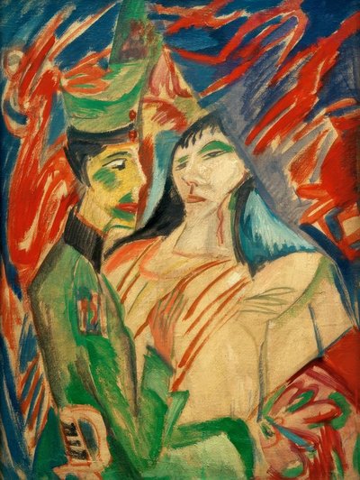 Sotilas ja tyttö värikkäiden verhojen välissä tekijältä Ernst Ludwig Kirchner