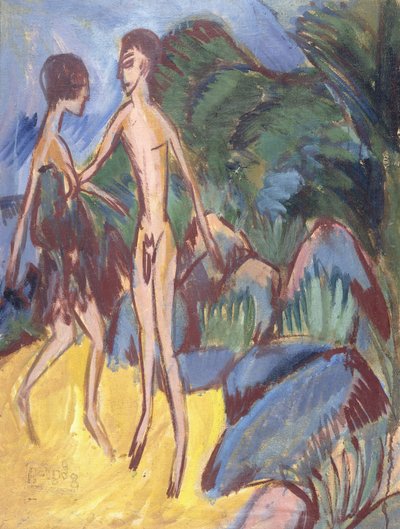 Nuoriso ja Naked Girl on Beach; Nackter Jungling und Madchen am Strand, 1913 tekijältä Ernst Ludwig Kirchner