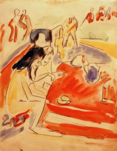 Kaksi tyttöä istuu pöydässä tekijältä Ernst Ludwig Kirchner
