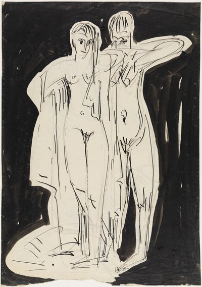 Kaksi seisovaa alastonhahmoa kuivaamassa itseään tekijältä Ernst Ludwig Kirchner