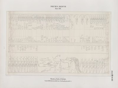 Piirros kattomaalauksesta Sarcophagus Hallissa, 19. dynastia, Thebes, Biban-el-Muluk, Uusi kuningaskunta, kuvitus artikkelista "Monuments to Egypt and Etiopia...", kirjoittanut Richard Lepsius tekijältä Ernst Weidenbach