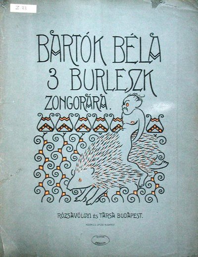 Etukansi nuotiolle Bela Bartokin (1881-1945) kolmelle pianolle tarkoitetulle burleskille 1912 (värinen lito) tekijältä Ervin Voit