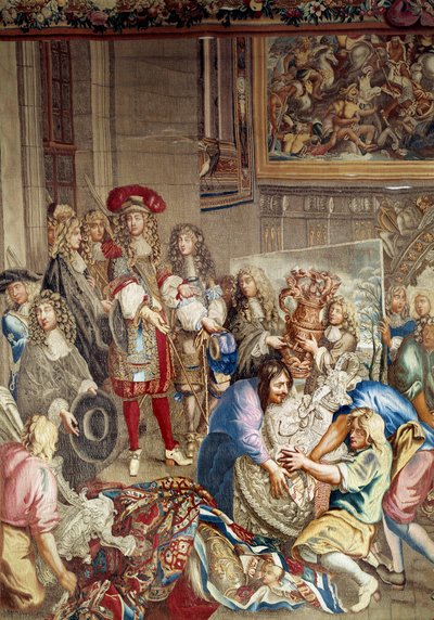 Visita de Lluís XIV a la Manufacture des Gobelins en presència de Jean Baptiste (Jean-Baptiste) Colbert (1619-1683) (de perfil, a la dreta del rei) i el pintor Charles Lebrun (Le Brun) (1619-1690). ), 15 d