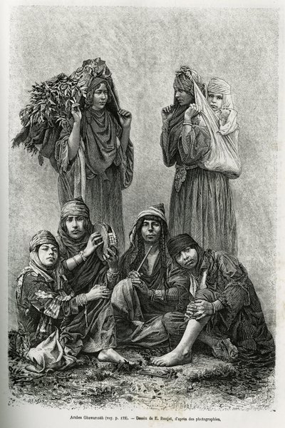 Arabit Ghawarineh, paimentolaiset Kuolleenmeren altaalta. Kaiverrus E.Ronjat, havainnollistamaan Syyrian tämän päivän tarinaa, M.Lortet, Lyonin lääketieteellisen tiedekunnan dekaani, joka on valtuutettu yleissivistävän ministeriön tieteellisestä tehtävästä tekijältä Etienne Antoine Eugene Ronjat