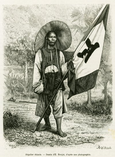 Kiinan sääntö. Kaiverrus E.Ronjat, valokuvan jälkeen, havainnollistamaan tarinaa Trente mois au Tonkin vuonna 1884, tohtori Hocquard, in le tour du monde 1889, ohjaaja Edouard Charton (1807-1890), Hachette, Pariisi. tekijältä Etienne Antoine Eugene Ronjat