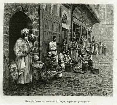 Damaskoksen basaari. Kaiverrus E.Ronjat, havainnollistamaan tarinaa La Syria d