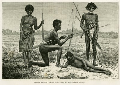 Yriga-vuoren Negritos. E.Ronjatin kaiverrus havainnollistamaan tarinaa Lucon ja Palaouan, kuusi vuotta Filippiineillä, Alfred Marche (1844-1898), in le tour du monde 1886, ohjaaja Edouard Charton (1807-1890), Hachette, Pariisi. tekijältä Etienne Antoine Eugene Ronjat