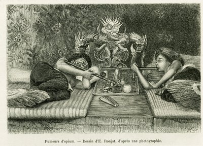 Oopiumin tupakoitsijat. Kaiverrus E.Ronjat, valokuvan jälkeen, havainnollistamaan tarinaa Trente mois au Tonkin vuonna 1884, tohtori Hocquard, in le tour du monde 1889, ohjaaja Edouard Charton (1807-1890), Hachette, Pariisi. tekijältä Etienne Antoine Eugene Ronjat