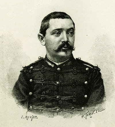 Muotokuva laivaston tykistöstä kapteeni Pietristä Afrikan retkikunnan aikana 1879-1882, Gallienin komennossa. E. Ronjatin kaiverrus valokuvasta havainnollistamaan tarinaa "Exploration du Haut Niger (Haut Niger)" (nykyinen Mali) tekijältä Etienne Antoine Eugene Ronjat