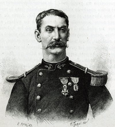 Muotokuva komentaja Joseph Gallienista Afrikan tutkimusmatkan aikana (1879-1882). E. Ronjatin kaiverrus valokuvan jälkeen havainnollistamaan th:n komentajan Joseph Gallienin (1849-1916) tarinaa "Exploration du Haut Niger (Haut Niger)" (nykyinen Mali). tekijältä Etienne Antoine Eugene Ronjat