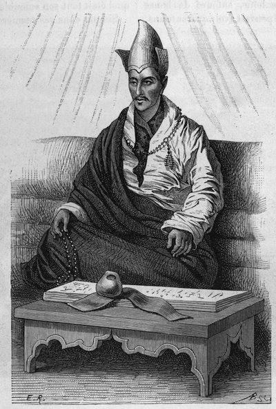 Tiibetin ylipapin "" Khutukcha" muotokuva vuosina 1870-1880. Kaiverrus Ronjatin piirustuksen jälkeen julkaisussa "" Le Tour du Monde, Nouveau Journal des Voyages", toimittanut Edouard Charton, Paris tekijältä Etienne Antoine Eugene Ronjat