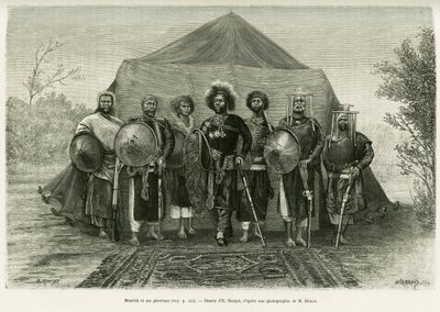 Muotokuva Etiopian prinssi Menelik II:sta (1844-1913), kenraalistensa ympäröimänä. Ronjatin kaiverrus valokuvan jälkeen havainnollistamaan tarinaa Voyage au Choa (Abyssinie meridionale) tekijältä Etienne Antoine Eugene Ronjat