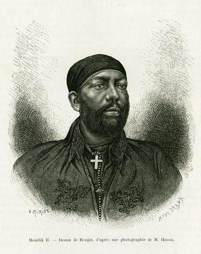 Muotokuva Etiopian prinssi Menelik II:sta (1844-1913). Ronjatin kaiverrus valokuvan jälkeen havainnollistamaan tarinaa Voyage au Choa (Abyssinie meridionale) tekijältä Etienne Antoine Eugene Ronjat