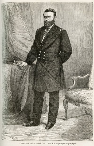 Muotokuva Ulysses Grantista (1822-1885), amerikkalaisesta kenraalista, unionin joukkojen johtajasta eroamissodan aikana ja Yhdysvaltain (Yhdysvallat) 18. presidentistä kahdella toimikaudella 1869-1877. Kaiverrus E.Ronjatin piirustuksen jälkeen havainnollis tekijältä Etienne Antoine Eugene Ronjat