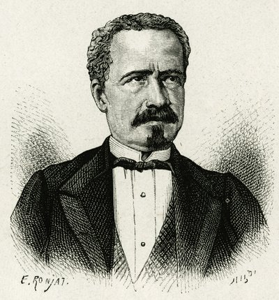 Ecuadorin presidentin Don Antonio Borreron muotokuva vuosina 1875–1876. E.Ronjatin kaiverrus valokuvan jälkeen havainnollistamaan tarinaa "The Equinoxiale America" tekijältä Etienne Antoine Eugene Ronjat