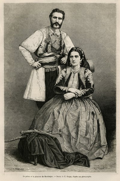 Montenegron prinssi Nikolai I Petrovicz Niegosch (1841-1921) ja hänen vaimonsa Milena, s. Voukovich (1847-1923), E.Ronjatin piirustukset havainnollistamaan Charles Yriarten (1832) matkaa Montenegroon vuonna 1874 -1898). Kaiverrus Le tour du tekijältä Etienne Antoine Eugene Ronjat