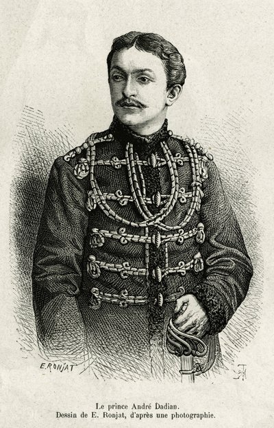 Mingrelien prinssi Andre Dadian (1850-1910), Venäjän armeijan kenraali ja shakin mestari. E.Ronjatin kaiverrus havainnollistamaan Carla Serenan tarinaa Un tour en Mingrelie (Georgian alue, Kaukasuksen ja Rionin välillä) tekijältä Etienne Antoine Eugene Ronjat