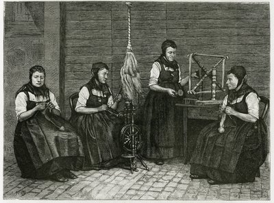 Sondernach levittimet, kuvaus kehruun eri vaiheista, käsi, kara ja kara. E.Ronjatin kaiverrus havainnollistamaan saksalaisen poliitikon ja kirjailijan Charles Gradin (1842-1890) tarinaa "Atravers l