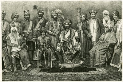 Kashmirin maharajah, Rambhir Sing ja hänen hovinsa. E. Ronjatin kaiverrus havainnollistamaan Marie de Ujfalvy-Bourdonin (Ujfalvy Bourdon) tarinaa "Pariisilaisen naisen muotokuva Länsi-Himalajalla", vuonna 1881. Julkaistu Tour du mondessa, 2. lukukausi tekijältä Etienne Antoine Eugene Ronjat