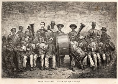 Gabonin lähetystyön lasten joukko. Kaiverrus E.Ronjatin piirustuksen jälkeen havainnollistamaan risteilyä Afrikan rannikolla, vara-amiraali Fleuriot de Langle, vuonna 1868, julkaistu "" Le tour du monde"" 1876, toimittanut Edouard Charton, Hachet tekijältä Etienne Antoine Eugene Ronjat