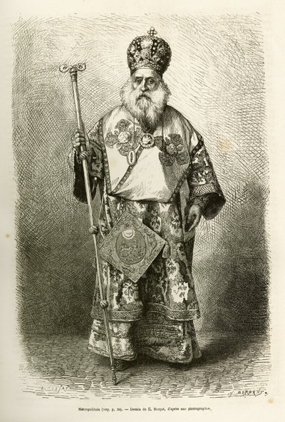 Uuden Ateenan katedraalin suurkaupunki-ilta. Kaiverrus E.Ronjatin piirustuksen jälkeen havainnollistamaan matkaa Kreikkaan, Henri Belle, 1861-1868-1874, julkaistu "" Le tour du monde""" 1876, toimittanut Edouard Charton, Hachette-painos, tekijältä Etienne Antoine Eugene Ronjat