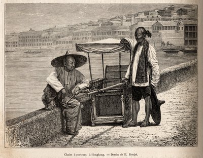 Kaksi kantajaa lepäämässä pyörätuolinsa vieressä Hongkongissa, kaiverrus E. Ronjatin piirustuksen jälkeen, joka havainnollistaa matkaa Kiinaan, J. Thompson, 1870-1872, julkaistu "" Le tour du monde""" 1875, toimittanut Edouard Charton, Hachette-painos, Par tekijältä Etienne Antoine Eugene Ronjat