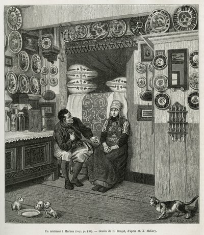 Un interieur à Marken (Pays Bas), kaiverrus E.Ronjatin piirustuksen mukaan havainnollistamaan Neerlanden tarinaa, Charles de Coster, vuonna 1878, julkaistu tour du monde -lehdessä Edouard Chartonin johdolla. tekijältä Etienne Antoine Eugene Ronjat