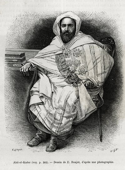 muotokuva Abd El Kaderista (1808-1883), Algerian emiiri ja sulttaani, sufi-teologi, poliitikko ja sotilaallinen vastarinta Ranskan siirtomaa-armeijalle, myös kirjailija, runoilija ja filosofi. Kaiverrus E.Ronjat, havainnollistamaan tarinaa La Syria d