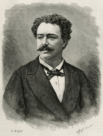 muotokuva kirjailijasta ja matkailijasta Edmondo de Amicis (1846-1908), italialainen kirjailija, E.Ronjatin kaiverrus Edmondo de Amicisin Marokon tarinan havainnollistamiseksi vuonna 1875, julkaistu tour du monde -lehdessä Edouardin johdolla Charton tekijältä Etienne Antoine Eugene Ronjat