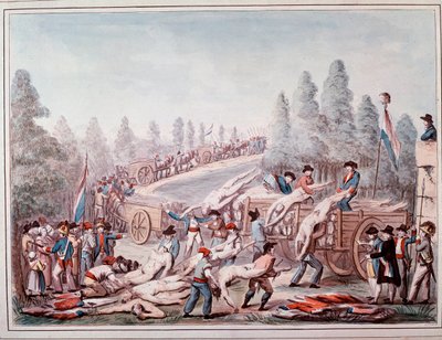 Ruumiiden kuljettaminen vallankumouksen aikana (akvarelli, noin 1790) tekijältä Etienne Bericourt