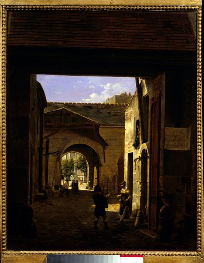 Ajotalon piha rue Saint Denisillä, joka tunnetaan sisäpihana Sainte Catherine Scene Pariisin 1. kaupunginosassa. Etienne Bouhotin (1780-1862) maalaus 1832 su. 0,27x0,22 m Pariisi, Musee Carnavalet. tekijältä Etienne Bouhot
