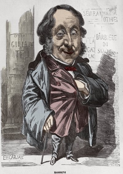 Gioachino (Gioacchino) Rossinin (1792-1868) muotokuva, Etienne Carjatin karikatyyri - Etienne Carjat (1928-1906), Rossinin muotokuva Diogenelle, Nadarin jälkeen, 21. joulukuuta 1856 digitaalinen väritys tekijältä Etienne Carjat