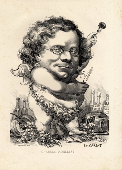 lentävä lehti - Kuvitus: Etienne Carjat (1826-1906): Obeite, Foie gras - Monselet Charles (1825-1888) tekijältä Etienne Carjat
