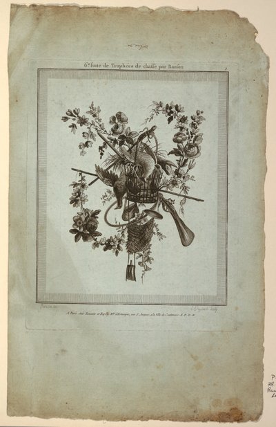 Pokaali metsästysvälineillä, levy 1, "Suite de Trophées de chasse", Suite VI tekijältä Etienne Claude Voysard