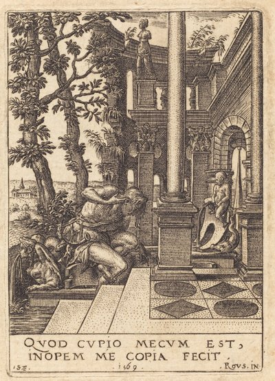 Narcissus suihkulähteellä tekijältä Etienne Delaune after Rosso Fiorentino