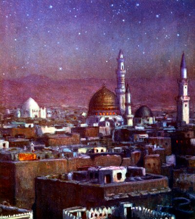Näkymä Medina, Arabia, kuunvalossa, jossa näkyy Profeetan haudan kupoli, 1918 tekijältä Alphonse Etienne Dinet