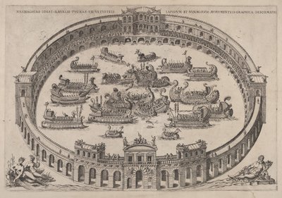 Laivaston taistelu sijoittuu roomalaiseen areenaan, Tiber-joki ja nymfit alhaalla vasemmalla..., 1577-85. tekijältä Etienne Duperac