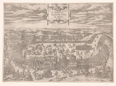 Paavin juhla Testacciossa Roomassa vuonna 1534 La festa di Testaccio fatta in Roma (otsikko esineessä) tekijältä Etienne Duperac